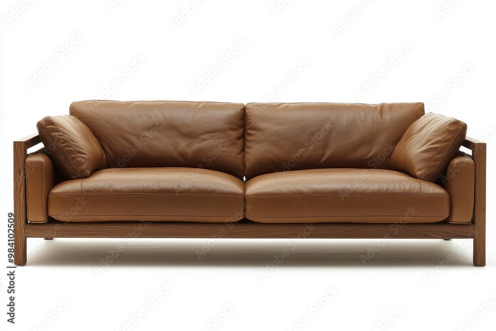 A modern, minimalist sofa with soft, plush cushions and a sleek wooden frame A modern, minimalist sofa with soft, plush cushions and a sleek wooden frame