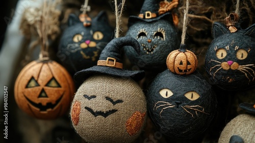 Enchanting Handcrafted Halloween Ornaments with Whimsical Designs on Dark Background