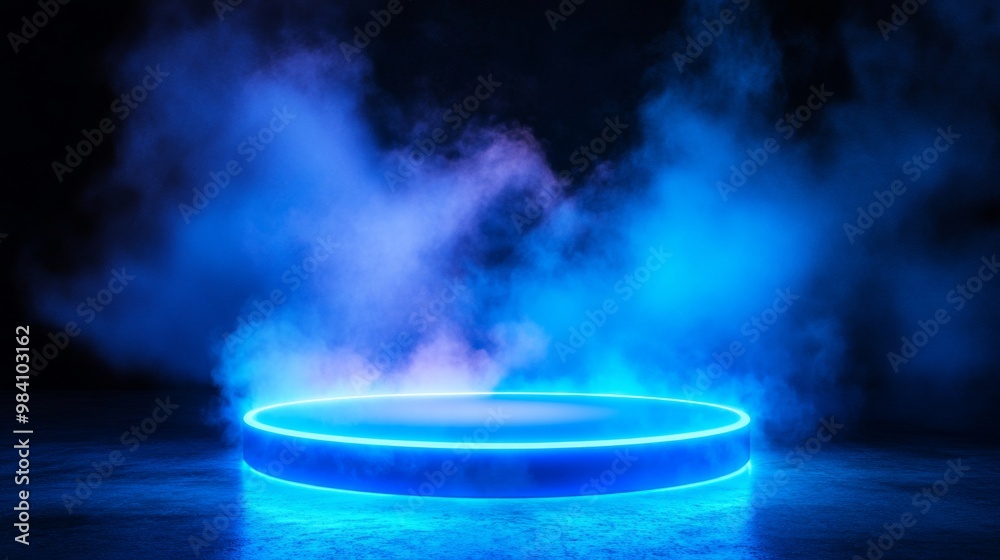 Neon blue lights with a glowing platform. Podium stand for promotions Neon blue lights with a glowing platform. Podium stand for promotions