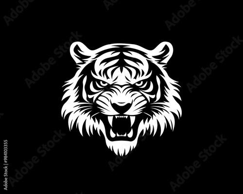 Tiger head vector illustration in black and white, tiger logo icon silhouette tattoo t-shirt design