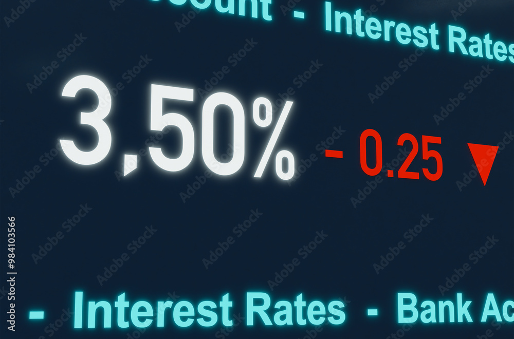 Falling interest rate, interest rate cut by the central bank. Boost for the economy. Lower interest rates for loans and savings accounts. Falling interest rate, interest rate cut by the central bank. Boost for the economy. Lower interest rates for loans and savings accounts.