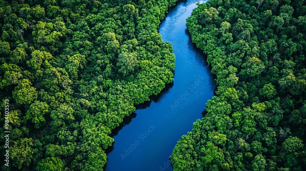 Clear, pristine river winding through a dense forest with vibrant foliage Clear, pristine river winding through a dense forest with vibrant foliage