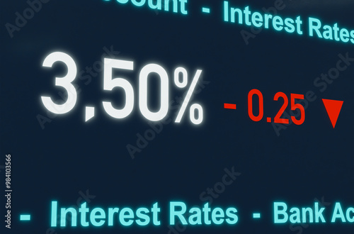 Falling interest rate, interest rate cut by the central bank. Boost for the economy. Lower interest rates for loans and savings accounts.