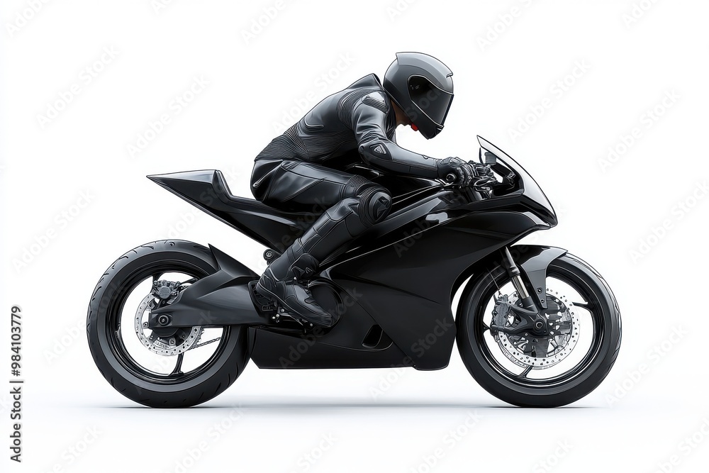 A motorcyclist riding a sleek, black motorcycle, dressed in full black gear and helmet A motorcyclist riding a sleek, black motorcycle, dressed in full black gear and helmet