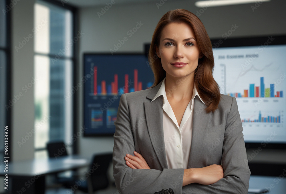 Confident Businesswoman with Crossed Arms in Front of Data Visualizations in a Modern Office Confident Businesswoman with Crossed Arms in Front of Data Visualizations in a Modern Office