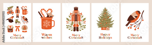 Cards to Merry Christmas, New Year, Winter Holidays. Greeting postcards with fir tree, nutcracker, bullfinch on branch, cup with hot drink. Flat minimalist design. Cosy vector illustrations. 