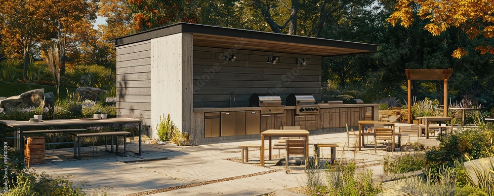Fototapeta premium A community outdoor kitchen in a public garden, clad in stain-resistant and fireproof fiber cement siding, fostering social interactions and community dining