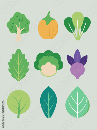 A set of nine colorful illustrations of various vegetables and plants, perfect for adding a touch of freshness and vibrancy to your designs. These simple yet charming graphics are ideal for themes.