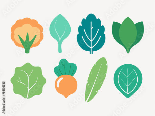 A collection of eight simple, colorful illustrations of various leafy greens, perfect for adding a touch of nature to your designs.  The graphics are ideal for projects related to gardening.