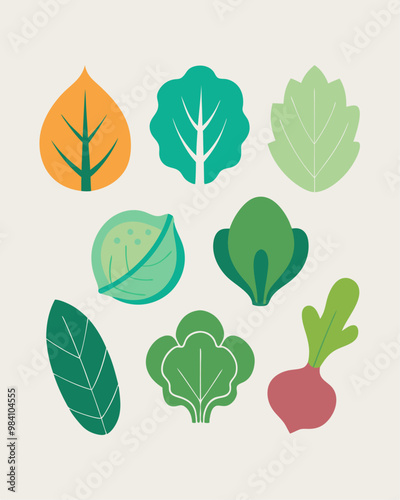 A set of nine vector illustrations depicting various vegetables and leafy greens. These whimsical graphics feature a cabbage, beet, radish, lettuce, and various leafy greens.