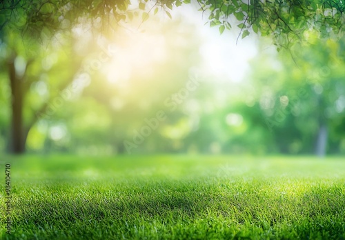 Beautiful blurred background of natural green grass and trees in the park on a sunny day