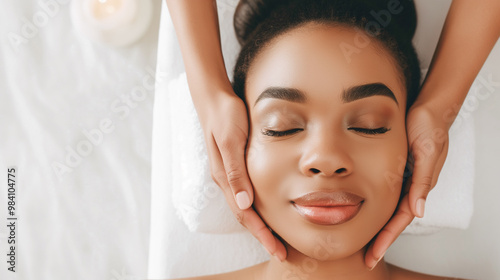 Young African-American woman relaxing with a rejuvenating facial massage at a spa with copy space.