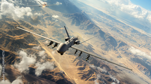 Military drones flying over a desert landscape for reconnaissance and combat missions. photo
