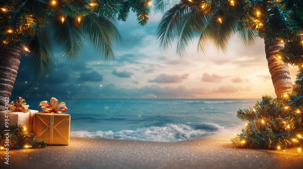 Obraz premium Tropical Christmas setting with a decorated palm tree wrapped in festive lights and presents on the sandy beach under a deep blue evening sky