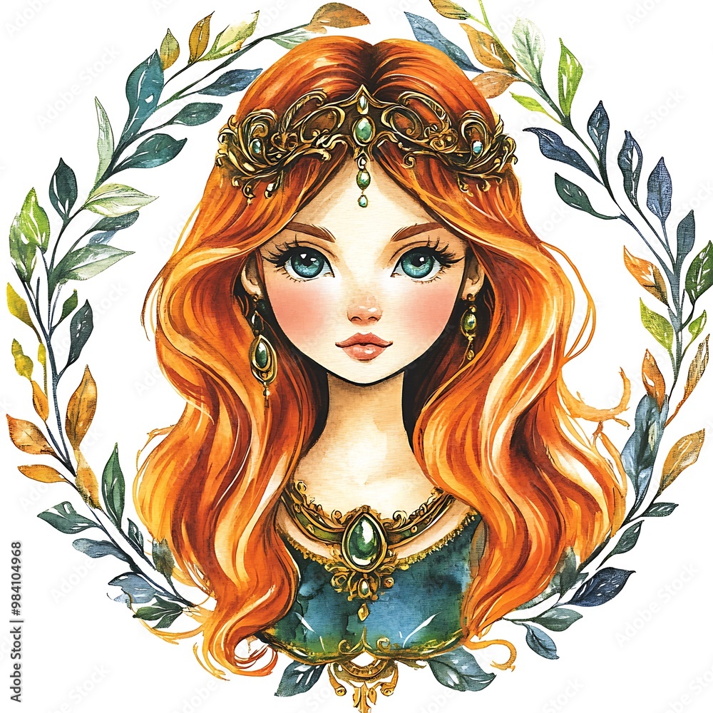 Obraz premium Watercolor Illustration of a Beautiful Young Woman with Long Red Hair, Wearing a Crown and Jewels, Surrounded by Greenery.
