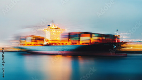 Motion blur of cargo ship leaving an international logistics distribution port to distribute goods around the world. Ai generate.