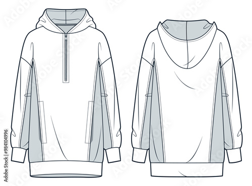 Hoodie Dress technical fashion illustration. Half Zipper Long Hoodie fashion flat technical drawing template, oversize, pockets, front and back view, white, grey, women, men, unisex CAD mockup.