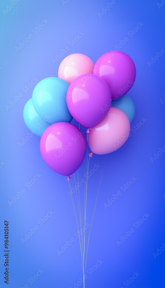 Soft pastel purple and blue background with 3D-rendered colorful balloons, creating a cheerful and vibrant design perfect for celebrations or festive events. Soft pastel purple and blue background with 3D-rendered colorful balloons, creating a cheerful and vibrant design perfect for celebrations or festive events.