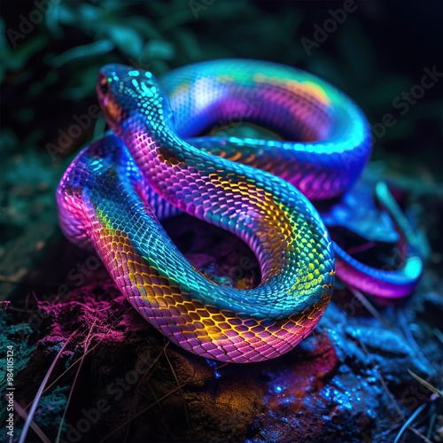 Close-up of the head of a colorful multicolored neon snake in the forest