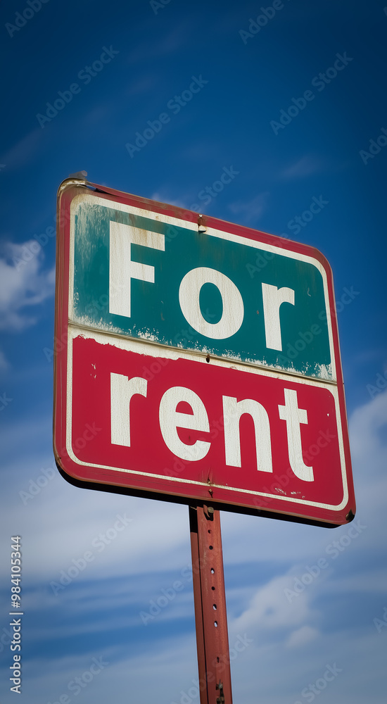 Weathered For Rent sign against a deep blue sky. The sign's red and teal colors stand out, with chipped paint adding character. Slight clouds in the background contrast the bold lettering. Weathered For Rent sign against a deep blue sky. The sign's red and teal colors stand out, with chipped paint adding character. Slight clouds in the background contrast the bold lettering.