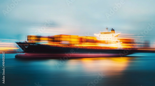 Motion blur of cargo ship leaving an international logistics distribution port to distribute goods around the world. Ai generate.