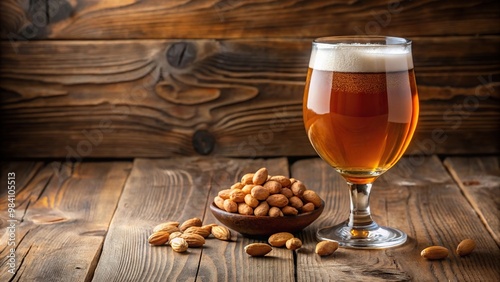 Barley wine beer glass with peanuts on a wooden table at eye level photo