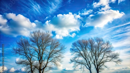 Bare trees contrast with blue backdrop and soft white clouds in minimalist sunrise