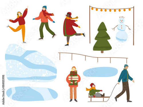 Winter set with ice skating people and landscape elements vector illustration. Happy men and women figure skating, kid in sled, girl with gift boxes, ice rink, tree. Christmas holiday scene creator 