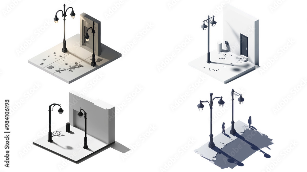 Isometric Street Scene with Street Lamps and Broken Pavement Isometric Street Scene with Street Lamps and Broken Pavement