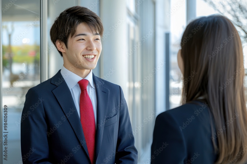 A Japanese businessman in a suit is talking to a female employee, both with smiling faces and cheerful expressions, in an office setting. The image is a wide shot with high-resolution photography A Japanese businessman in a suit is talking to a female employee, both with smiling faces and cheerful expressions, in an office setting. The image is a wide shot with high-resolution photography