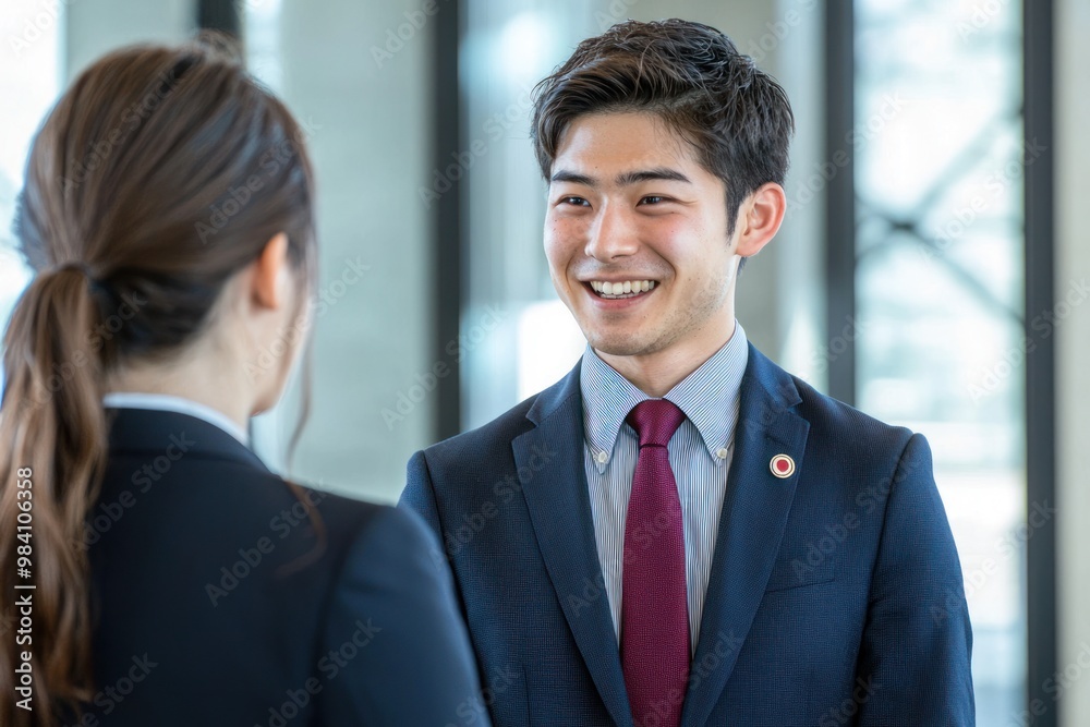 A Japanese businessman in a suit is talking to a female employee, both with smiling faces and cheerful expressions, in an office setting. The image is a wide shot with high-resolution photography A Japanese businessman in a suit is talking to a female employee, both with smiling faces and cheerful expressions, in an office setting. The image is a wide shot with high-resolution photography