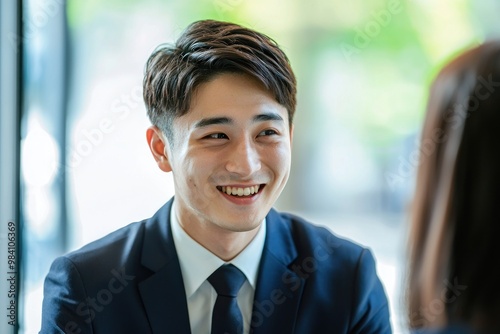 A Japanese businessman in a suit is talking to a female employee, both with smiling faces and cheerful expressions, in an office setting. The image is a wide shot with high-resolution photography photo