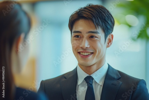 A Japanese businessman in a suit is talking to a female employee, both with smiling faces and cheerful expressions, in an office setting. The image is a wide shot with high-resolution photography photo