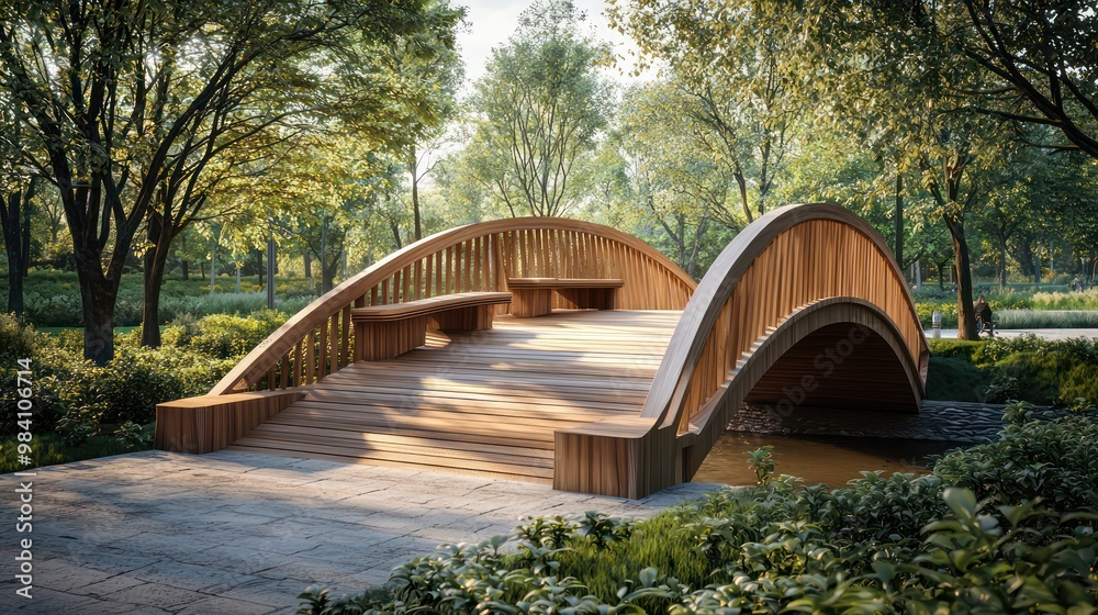 A contemporary wooden bridge in a metropolitan park, featuring organic shapes and integrated benches for pedestrians to rest and enjoy the scenery A contemporary wooden bridge in a metropolitan park, featuring organic shapes and integrated benches for pedestrians to rest and enjoy the scenery