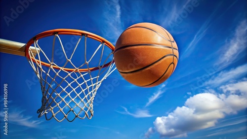 Basketball hoop with orange ball in mid-air against blue sky background