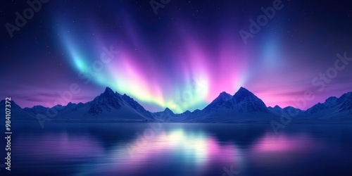 Night winter landscape with aurora and reflection on the water surface