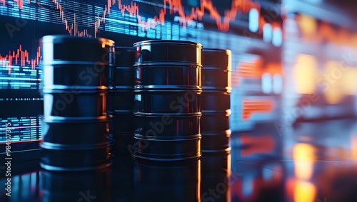 Oil barrels against a backdrop of a stock market chart.