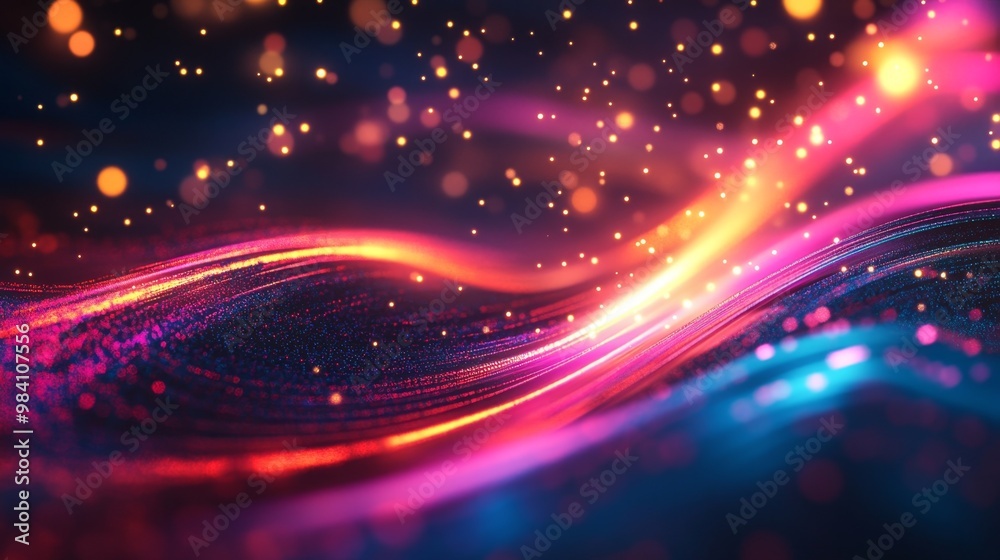Fototapeta premium Аbstract background with colorful bokeh defocused lights and stars. Futuristic technology background with speed lines and bokeh effect