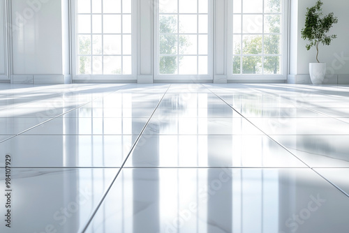 White tile floor with grid line and shiny reflection with clear glass door in perspective view, clean and new condition use to background