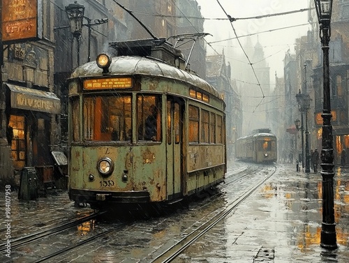 Vintage Tram in a Rainy City Street