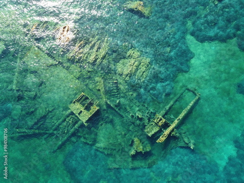 Vista aerea di un relitto sommerso nel mare della Sardegna photo