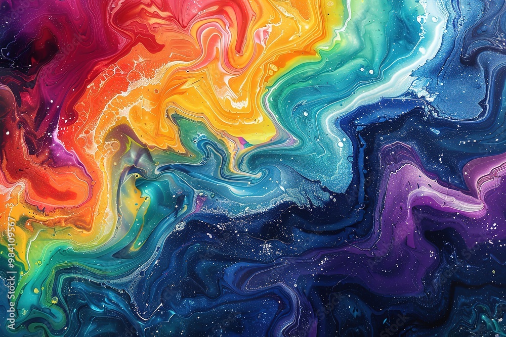 Abstract marbled acrylic paint ink painted waves painting texture colorful background banner - Bold colors, rainbow color swirls wave