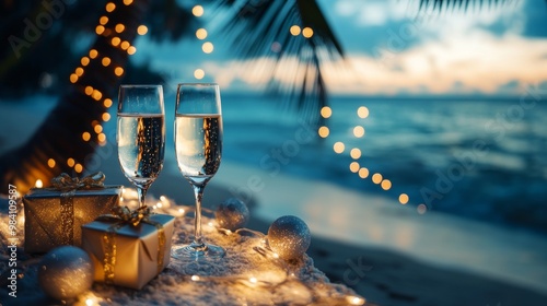 Fototapeta Naklejka Na Ścianę i Meble -  champagne glasses set on a beach with Christmas decorations and fairy lights, overlooking the ocean waves at sunset