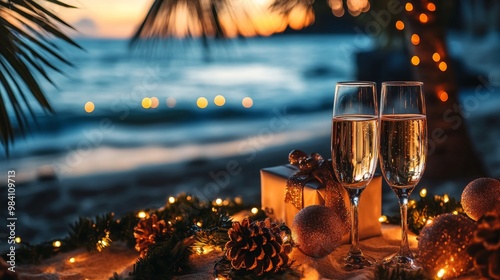 Fototapeta Naklejka Na Ścianę i Meble -  champagne glasses set on a beach with Christmas decorations and fairy lights, overlooking the ocean waves at sunset