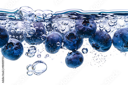 Plump blueberries tossed into a pool of water, their deep indigo hues contrasting strikingly with the liquid as they create delicate splashes against a bright white background, Beautiful blueberries 
