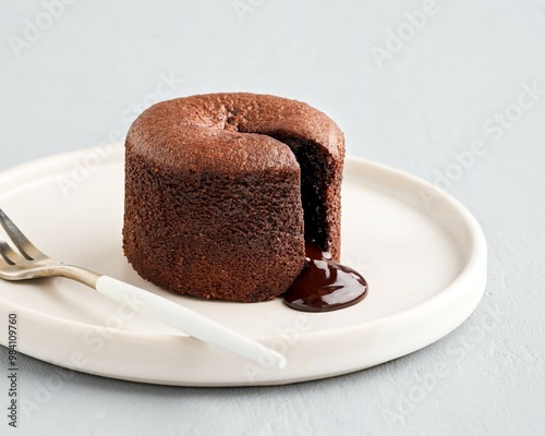 Close-up of a chocolate lava cake with a rich, molten center flowing onto a white plate. Served with a white and fork, highlighting the soft texture and indulgent fillin Copy space, closeup view. photo