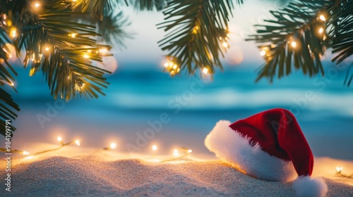 Santa hat resting on the sandy beach under a palm tree with glowing lights, with blurred ocean and bokeh lights in the background at dusk.