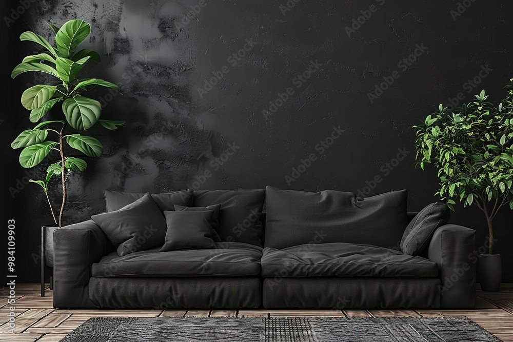 Black interior modern classic. A large black sofa, a sofa in expensive fabric, a green houseplant. Black dark room Black interior modern classic. A large black sofa, a sofa in expensive fabric, a green houseplant. Black dark room