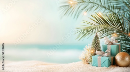 Fototapeta Naklejka Na Ścianę i Meble -  Small tropical palm tree and a gift box on a sand beach, blurred ocean view in the background.