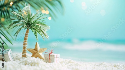 Fototapeta Naklejka Na Ścianę i Meble -  Small tropical palm tree and a gift box on a sand beach, blurred ocean view in the background.
